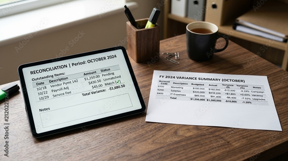 Obraz premium Reconciliation tablet resting beside a printed variance report on a supervisor desk