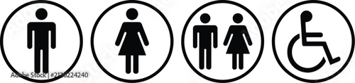 Toilet icon set, man woman disabled restroom symbols, WC toilet signs and public washroom icons for wayfinding, accessibility and facility navigation applications.