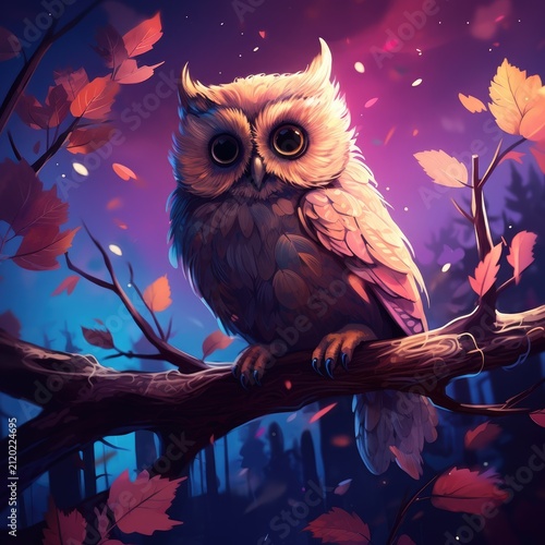 Owl Sitting on Tree Branch With Leaves