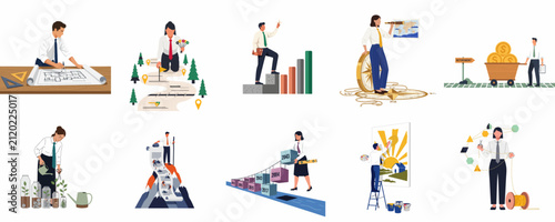 Collection of Flat Business Concept Illustrations Representing Career Growth, Strategy, Financial Planning, Leadership, Success, and Professional Development Milestones.
