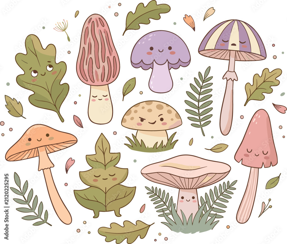 Fototapeta premium Cute mushroom characters vector illustration set featuring pastel cartoon fungi with funny faces oak leaves and ferns on white background.