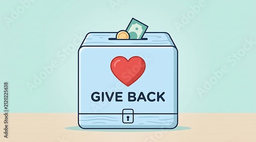 Simple donation box with a heart symbol, minimal Give Back text, clean flat vector design