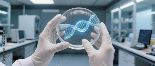 Biotechnology laboratory gloved hand holds dna petri dish in modern laboratory