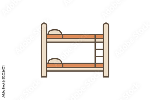 Flat of a bunk bed with two levels, featuring a beige frame, orange mattresses, and small pillows, isolated on a white background