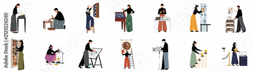 Comprehensive collection of illustrations depicting numismatists and museum curators engaged in coin collecting, cleaning, archival research, and historical preservation of ancient currency.