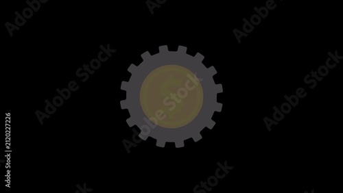 Rotating gear animation with flashing golden dollar sign coin in center.
