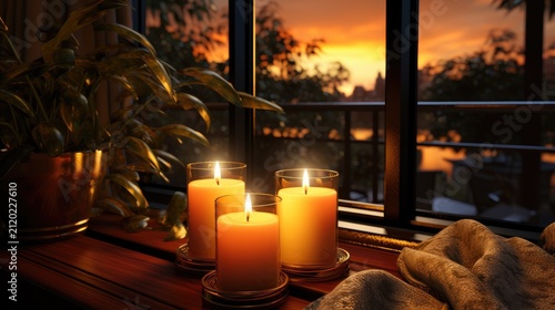 Burning candles on the windowsill. From the window there is a view of the city at night. Warm and calming atmosphere.