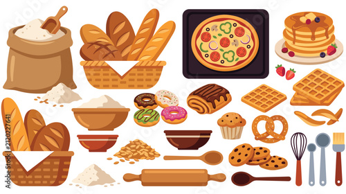Fotografie Bakery goods and baking ingredients set with pizza pancakes and breads