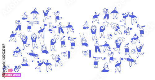 Business achievement and teamwork characters with trophy, lightbulb, telescope, high five, flag and success poses. Blue outline vector collection with editable stroke.