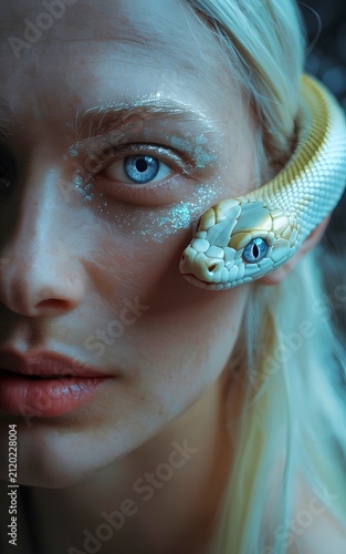 Blue‑Eyed Woman Portrait with White Snake Wrapped Around Face in Dramatic Blue Light