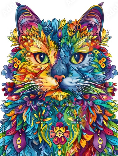 Colorful cat portrait with floral background