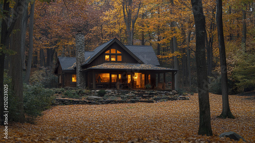 Cozy autumn cabin retreat surrounded by tall trees and golden fallen leaves