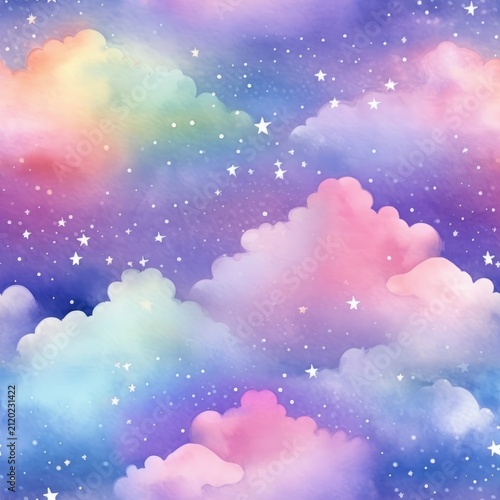 Background from magical fairy-tale gentle rainbow clouds with stars. For design of holiday invitations and cards.