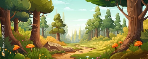 Forest path with mushrooms and trees