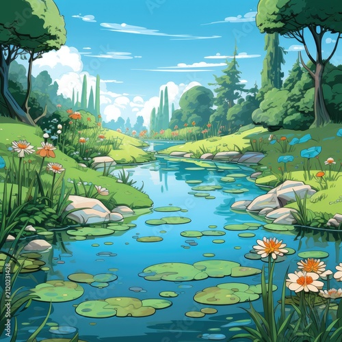 Cartoon landscape with river and trees