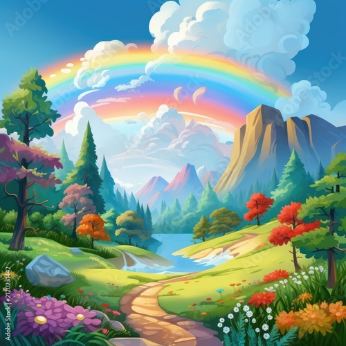 Rainbow over valley with mountains and trees