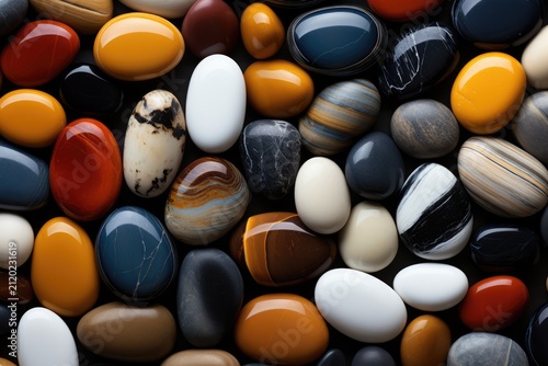 Background of colorful small smooth textured beautiful stones of different shapes and sizes.
