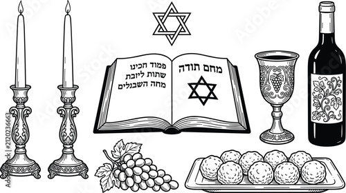 Bild auf Leinwand Jewish Shabbat holiday traditions black and white vector set featuring candles k
