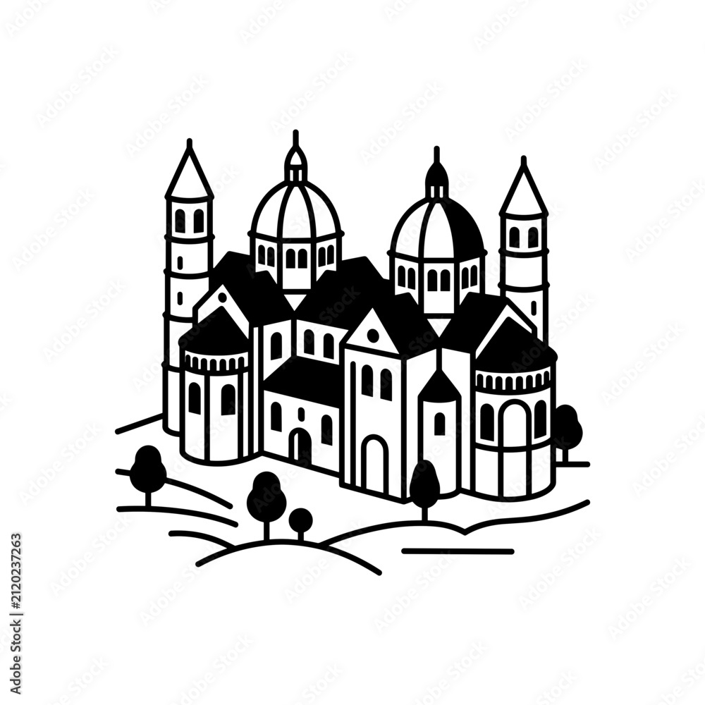 Fototapeta premium Stylized illustration of a historic European town with domes and towers.