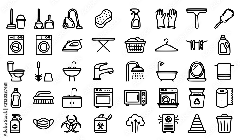 Fototapeta premium Housekeeping Sanitation Outline Editable Vector Icon Pack