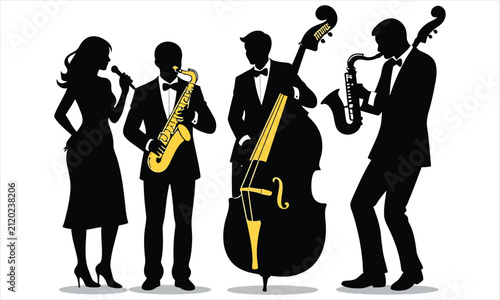 Jazz Music Band Silhouette Vector with Singer, Saxophone and Double Bass Isolated on White Background
