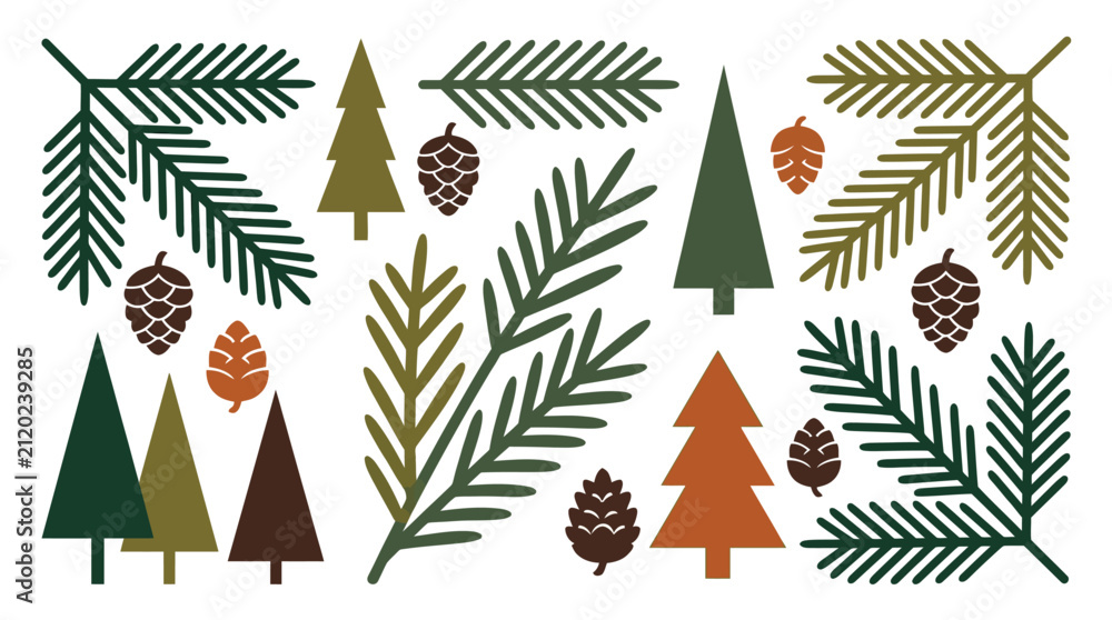 Obraz premium Flat vector illustration of luxury botanical decor with pine trees, branches, and cones for design