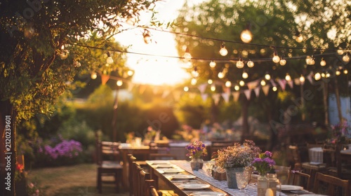 Garden party setting with glowing string lights and decorated tables at golden hour, outdoor celebration, romantic dining, wedding reception, festive summer evening