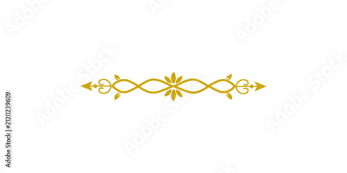 Gold ornate scroll divider with arrows isolated on transparent background a decorative golden wavy line with swirling arrows and a leaf pattern