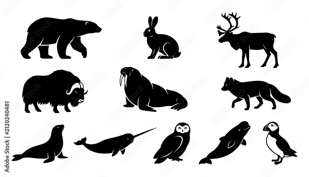 Obraz premium Animals in Black Silhouette Style Showcasing Various Arctic and Antarctic Species Featuring Wildlife, Nature