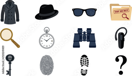 Detective Investigation and Crime Scene Icons Collection Featuring Evidence, Fingerprint, Magnifying Glass, Binoculars, Secret Files, and Surveillance Equipment