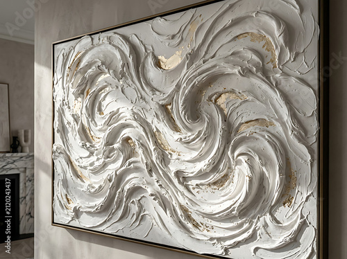 3D Textured White Plaster Waves Wall Art with Gold Accents Frame Mockup