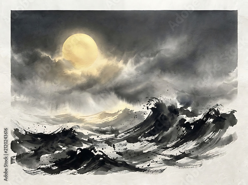 Japanese Sumi-e Style Night Seascape with Full Moon and Clouds