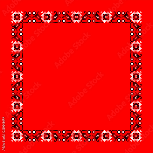 Ukrainian Square Dotted Frame in Black and White Colors on Red Background Vyshyvanka Embroidery Border Design