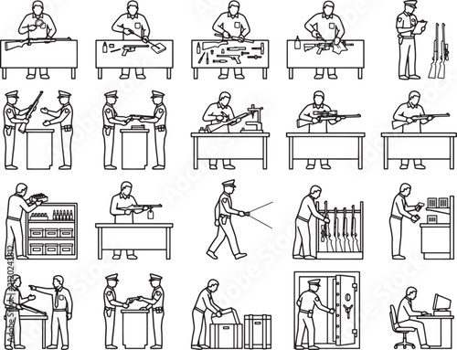 A collection of line art illustrations depicting various scenes of gun ownership, maintenance, and security, showcasing individuals handling firearms in different contexts.