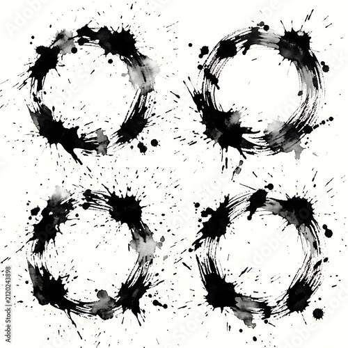 Abstract Black Ink Splatter Circle Stamps Vector Element Set