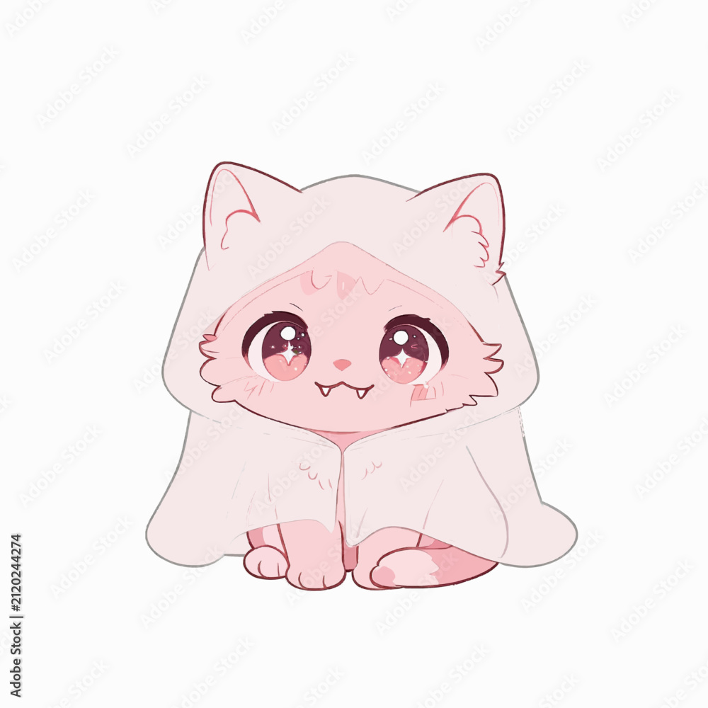 Fototapeta premium Adorable pink cat in hooded cloak with shiny eyes and fangs, perfect for Halloween, fantasy art, or stock illustration