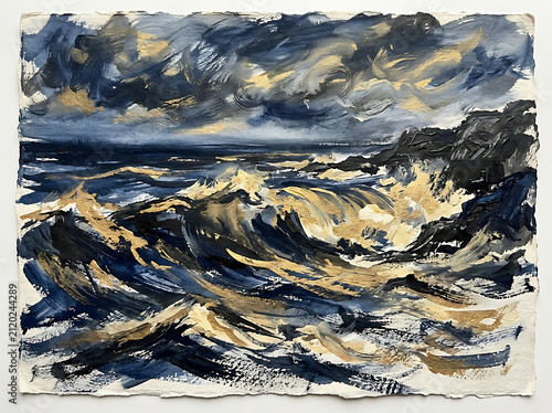 Dramatic Ocean Wave Oil Painting with Gold Foil Accents