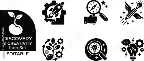 Discovery and creativity icon set with rocket gears magnifying glass compass and idea bulbs.