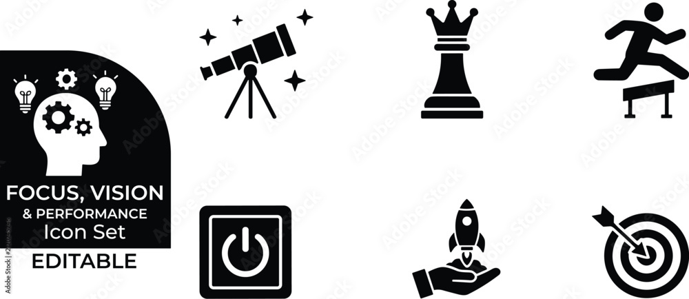 Fototapeta premium Focus vision and performance icon set showing telescope chess queen hurdle jump and targets.