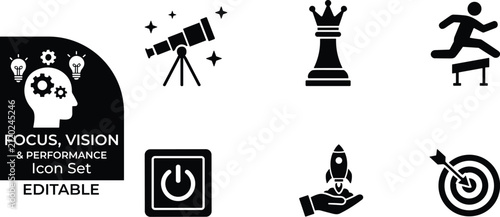 Focus vision and performance icon set showing telescope chess queen hurdle jump and targets.