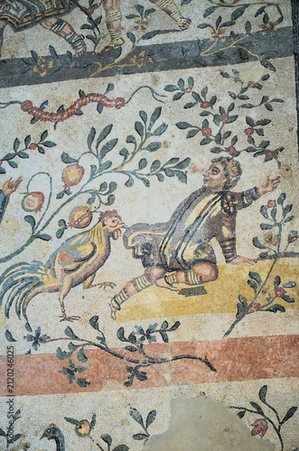 Piazza Armerina, Sicily 01.02.2020: This mosaic depicts scenes from the Little Hunt