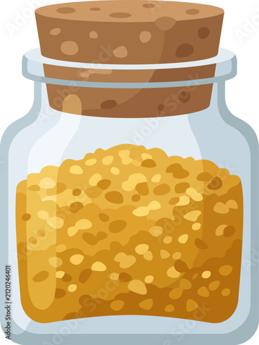 Glass jar with cork stopper filled with yellow spices or grains