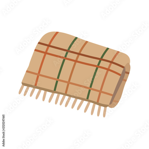 Cozy plaid blanket icon. Warm checkered plaid with fringe for autumn, winter and home comfort illustration. Flat vector illustration isolated on white background.