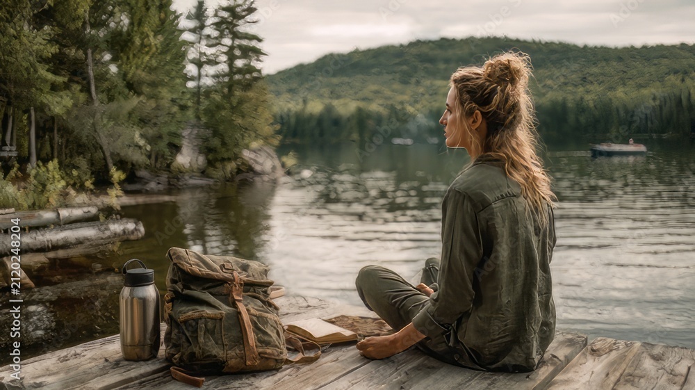 Fototapeta premium Solo woman traveler sitting on wooden dock by mountain lake, peaceful outdoor meditation and reflection, cinematic forest landscape with backpack