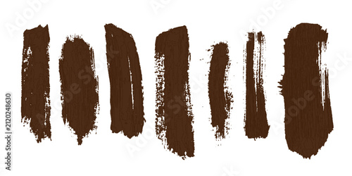 A collection of rustic, hand-painted brush strokes in a rich, earthy brown hue, each stroke displaying a unique texture and varying thickness, presented as a series of abstract art elements.