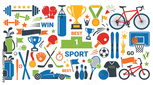 Collection of sports equipment elements isolated on white background.