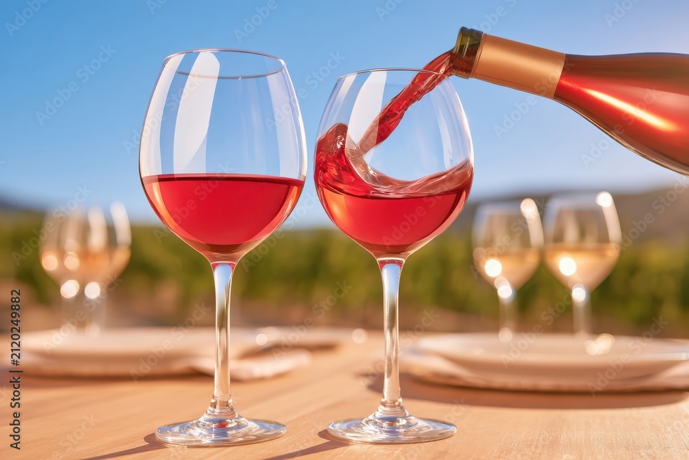 Obraz premium Red wine poured into glass on rustic wooden table with vineyard background