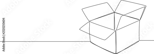 continuous line drawing of open empty cardboard box, line art vector illustration