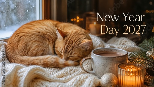  cozy scene with a sleeping orange cat on a knitted blanket by a window, accompanied by a mug, candle, and festive decor, celebrating New Year Day 2027.