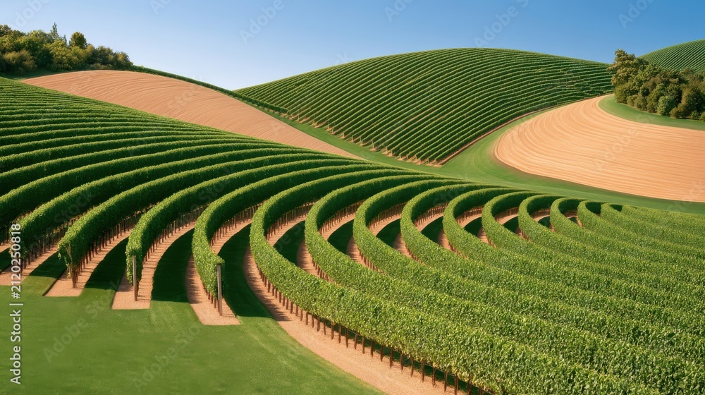 Obraz premium Aerial view of curving vineyard rows over rolling hills under clear blue sky